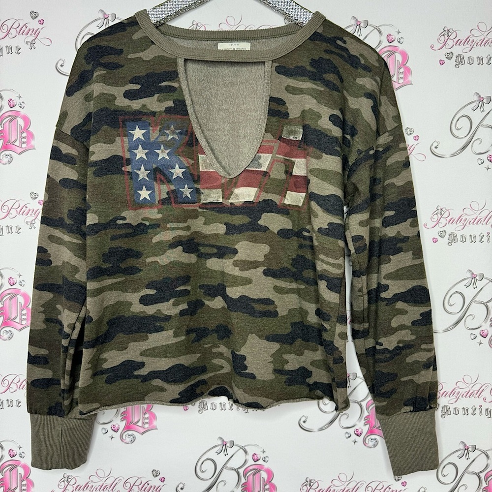 Lucky brand jeans KISS band camo camouflage sweater pull over with keyhole open